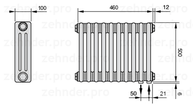 Схема (чертеж) Радиатор Zehnder Charleston 3050/10 №5510 Белый глянцевый RAL 9016
